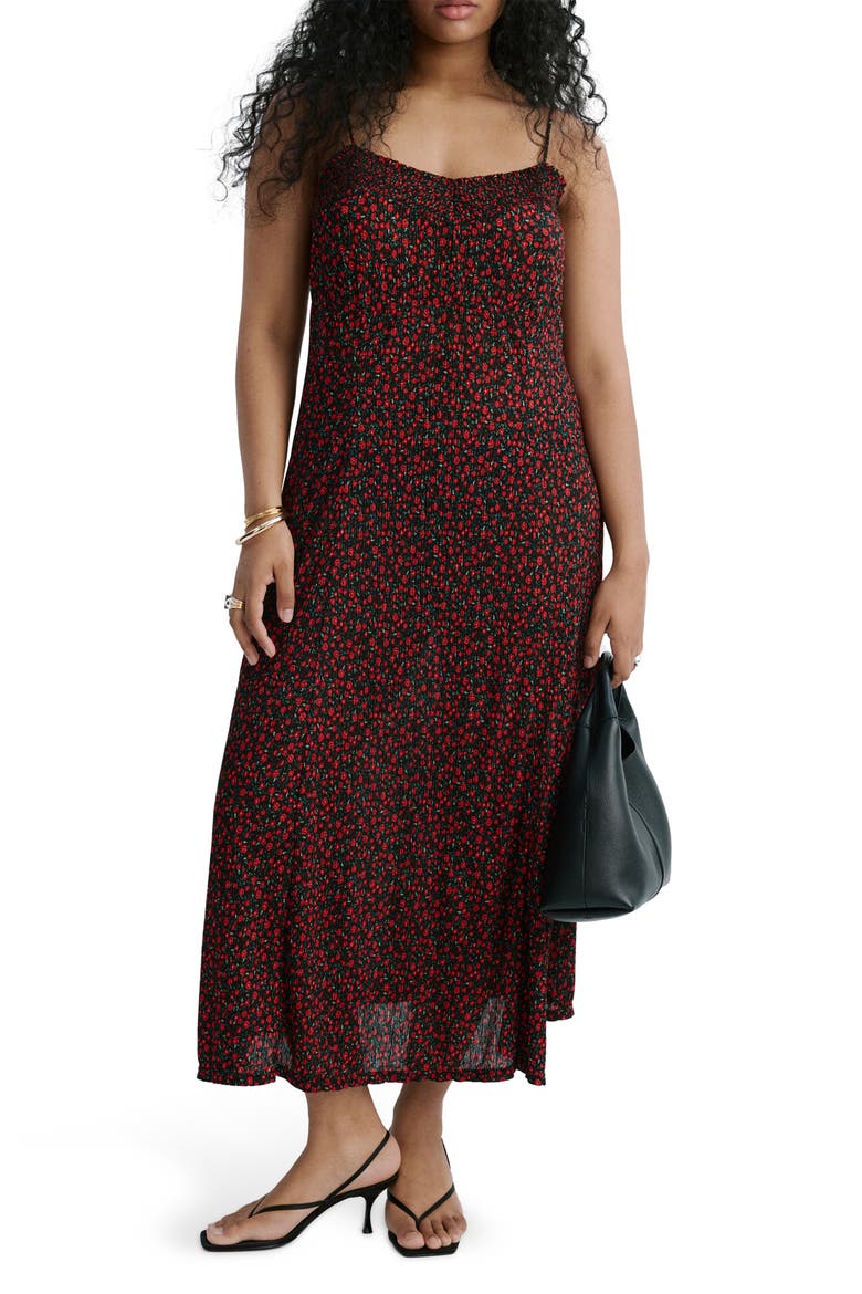 Floral Print Smocked Sleeveless Midi Dress, Alternate, color, BLACK