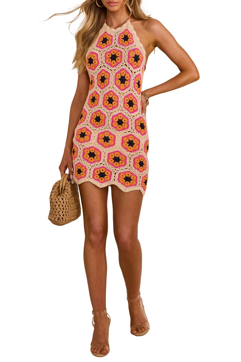 Jamie Floral Open Back Crochet Granny Square Minidress, Main, color, PINK MULTI