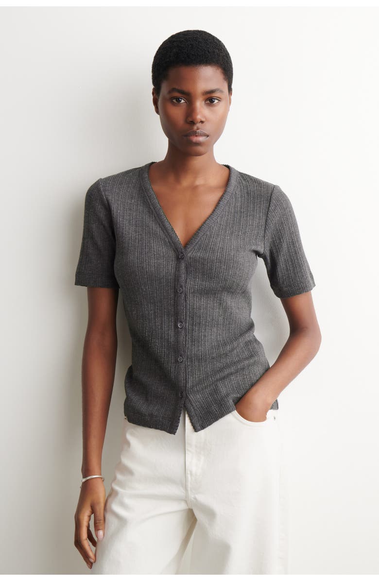 COS Pointelle-knit Short-sleeved Cardigan, Main, color, Charcoal