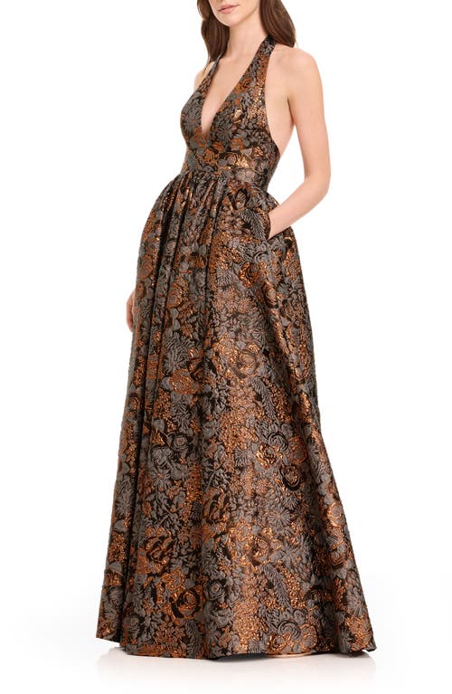 Dress The Population Christina Metallic Floral Jacquard Plunge Halter Neck Gown In Brown