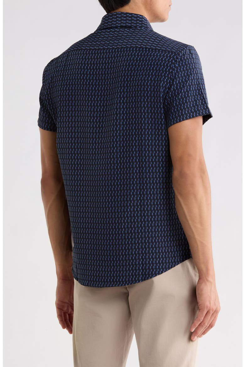 Geo Print Short Sleeve Button-Up Shirt, Alternate, color, BLACK