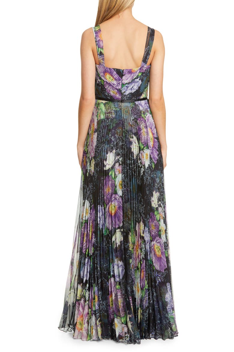 Floral Pleated Tulle Gown, Alternate, color, BLACK
