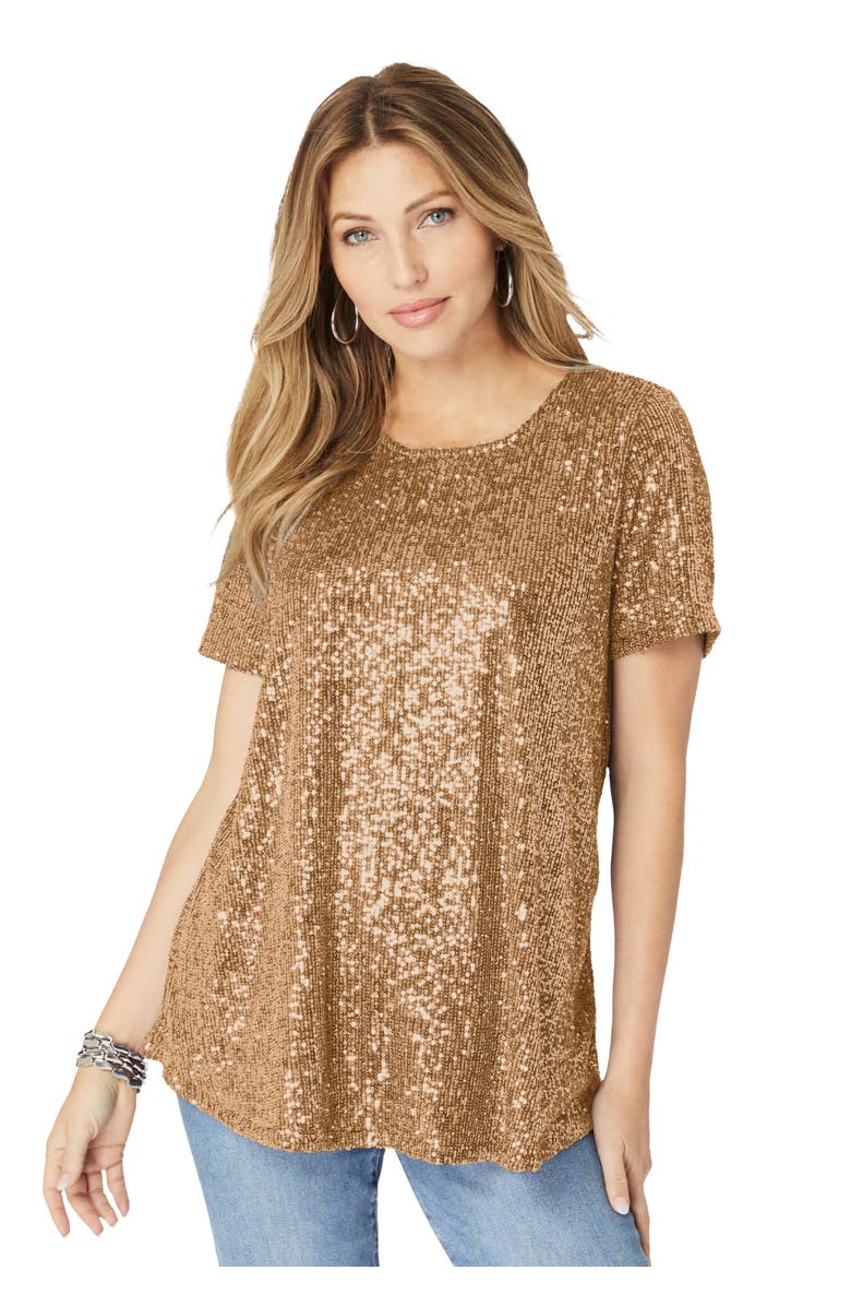Roaman's Sequined Swing Tee, Main, color, Pale Gold