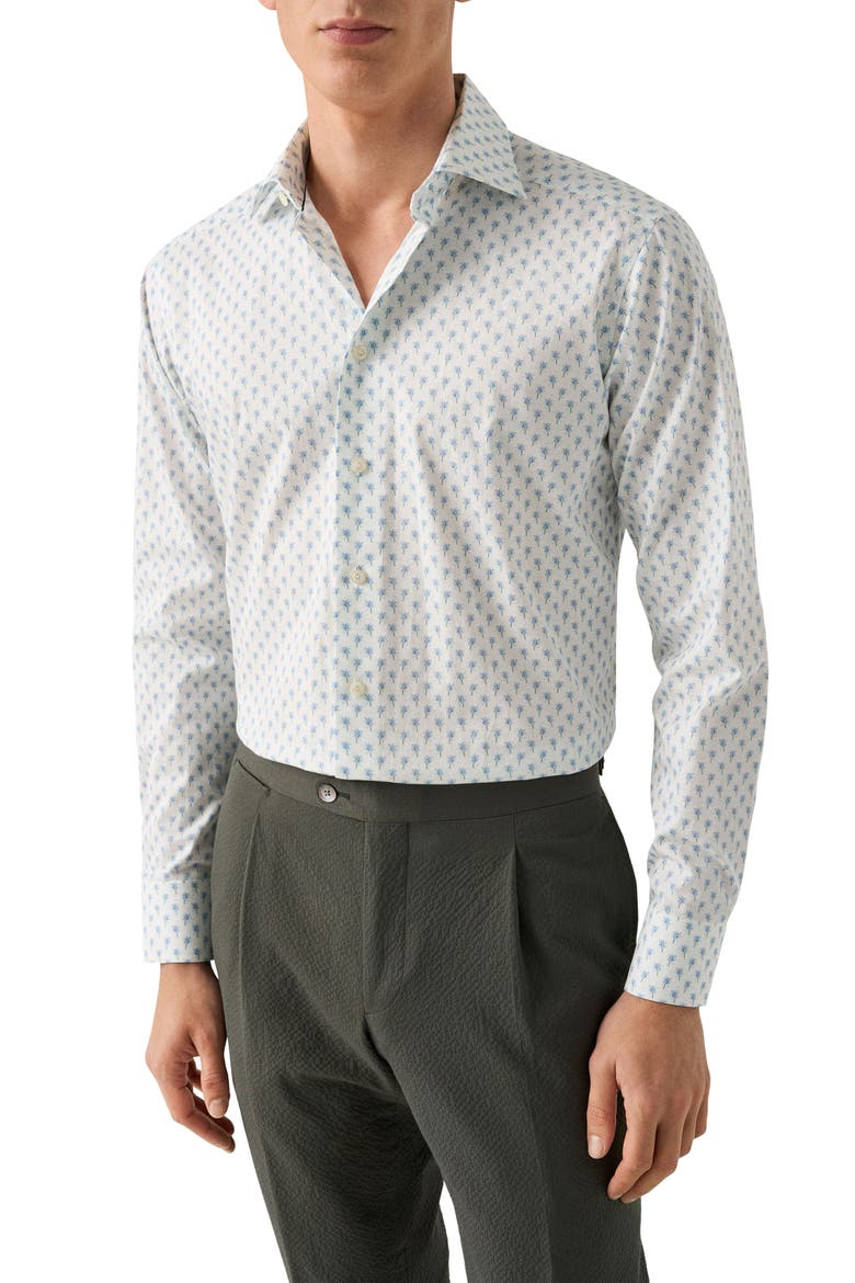 Trim Fit Palm Tree Print Cotton Dress Shirt, Main, color, LIGHT BLUE