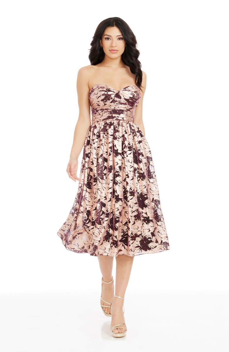 Dress the Population Mandy Metallic Floral Strapless Cocktail Dress, Alternate, color, 