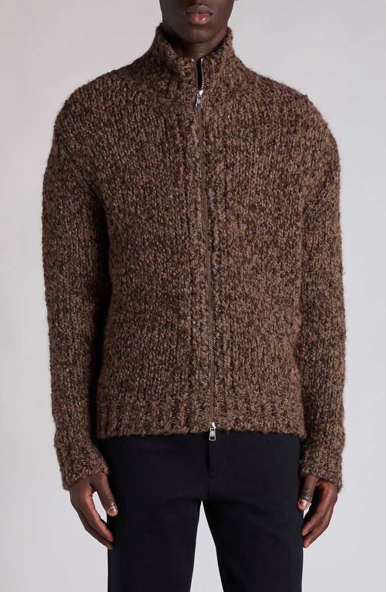 Moncler Wool & Alpaca Bouclé Full Zip Cardigan, Main, color, Black Coffee