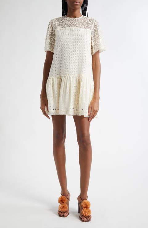 Gabi Soutache Lace Detail Cotton & Silk Eyelet Minidress