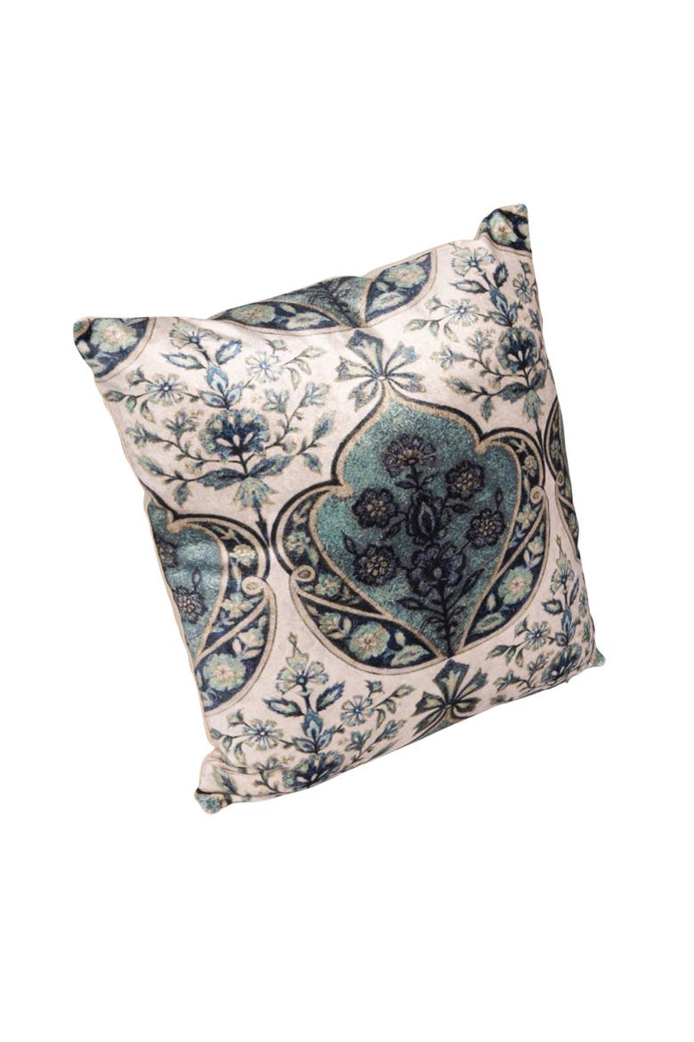 Cotton Blend Velvet Printed Pillow with Floral Pattern, Cream and Blue, Alternate, color, Cream
