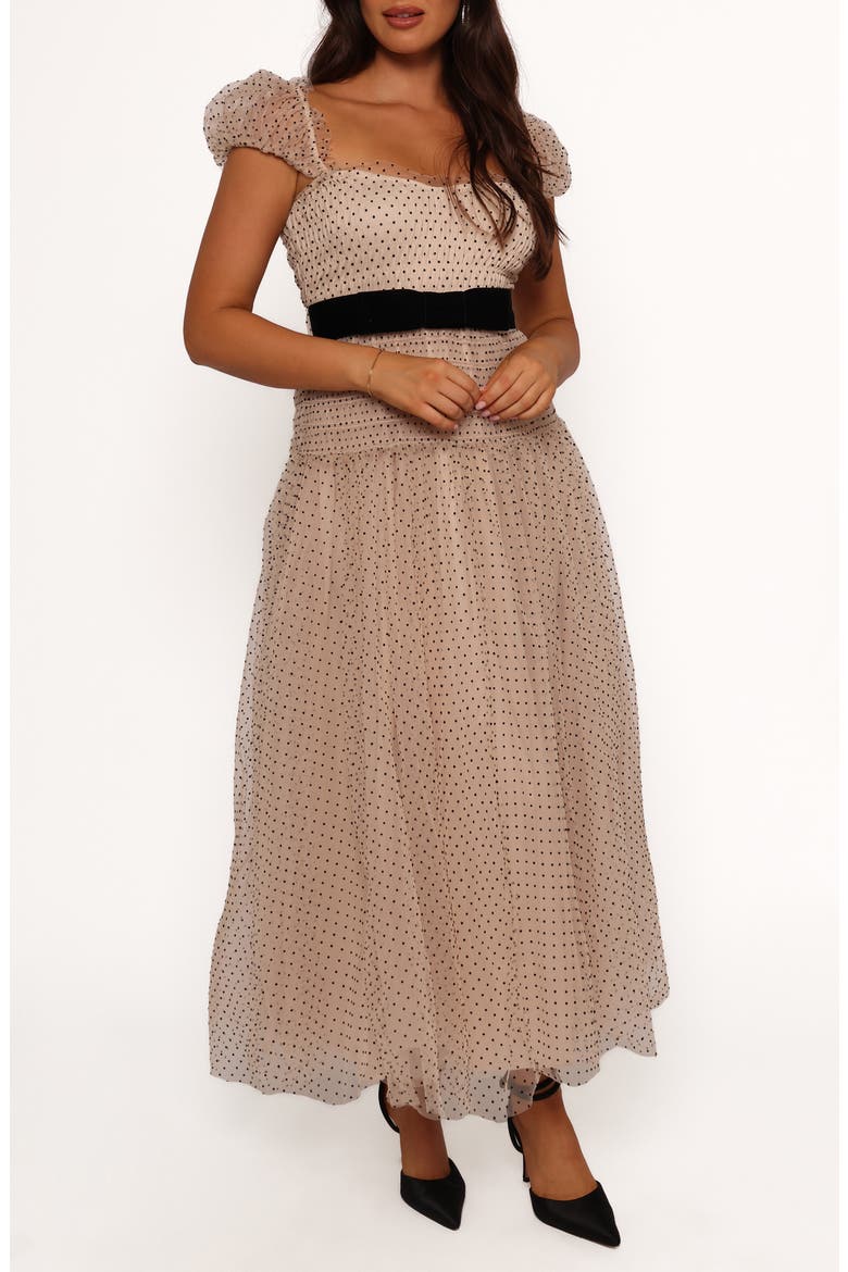Bryn Polka Dot Belted Puff Sleeve Maxi Dress, Main, color, BEIGE