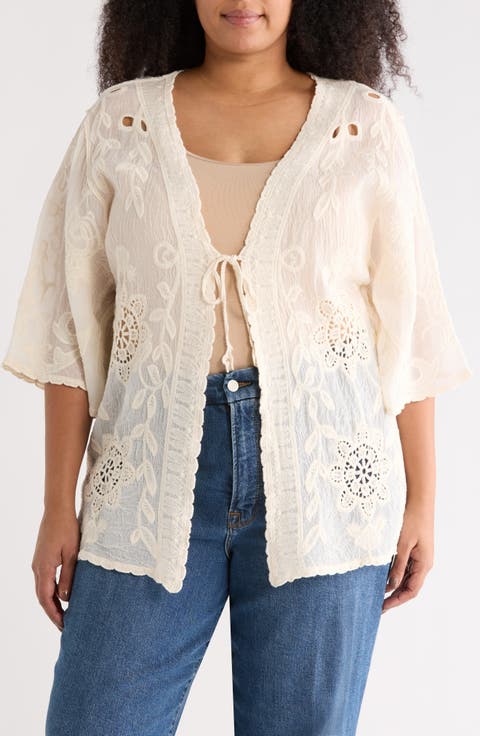 Floral Embroidered Tie Front Cardigan