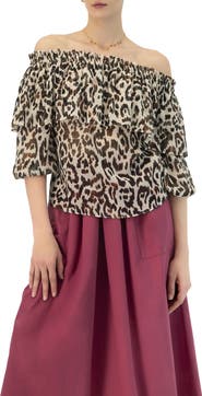 IVONNE Bardot Animal Print Blouse