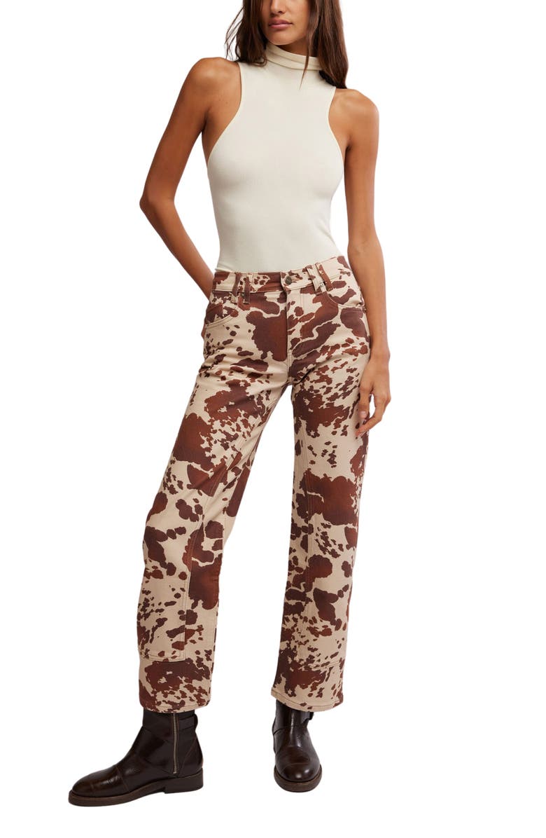 Free People Risk Taker Animal Print Straight Leg Jeans, Alternate, color, Tea Combo