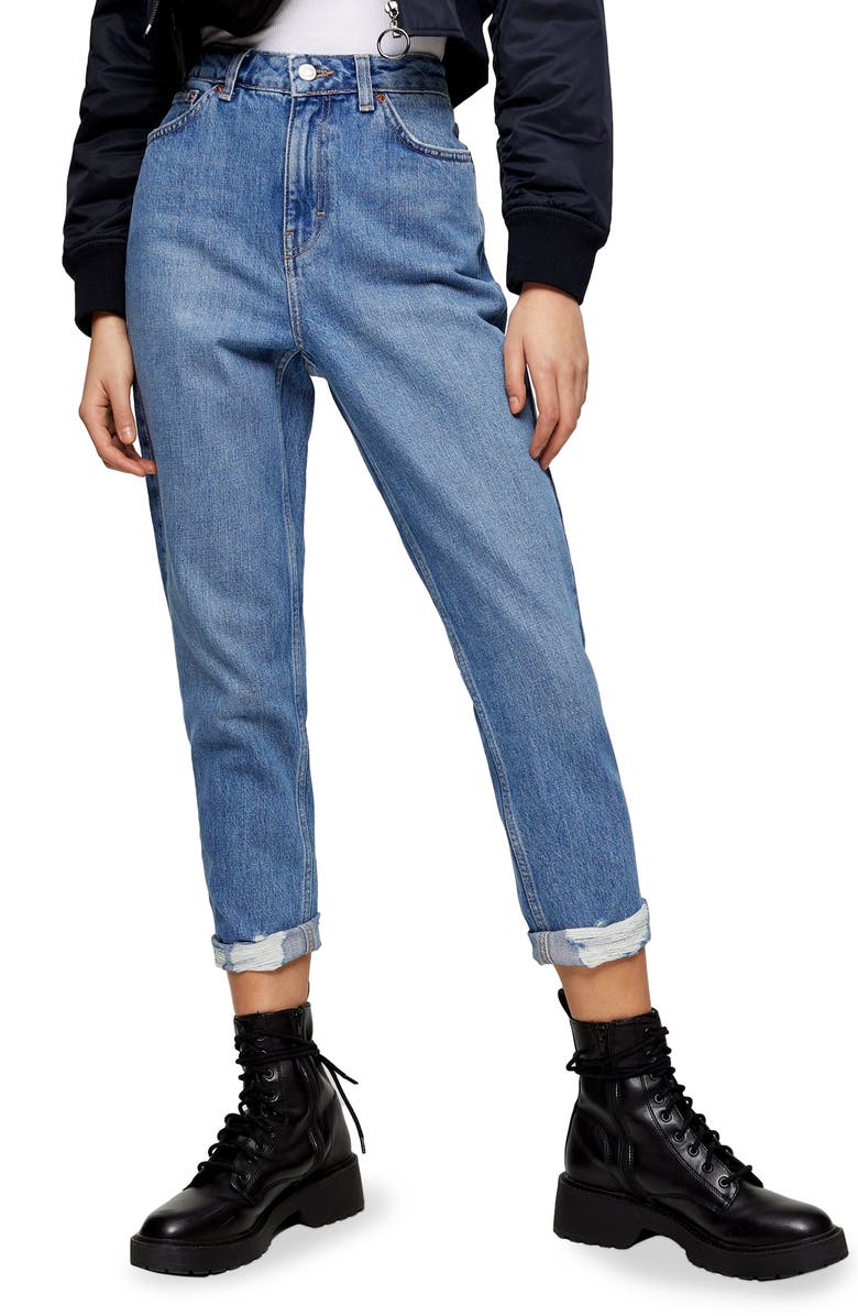 Topshop High Waist Ripped Hem Mom Jeans, Main, color, 