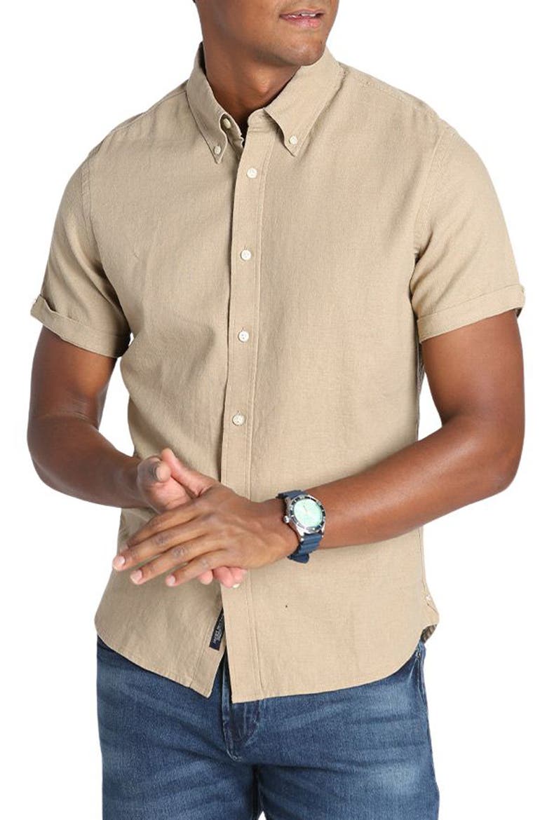 Noho Short Sleeve Linen Blend Button-Down Shirt, Main, color, TAN