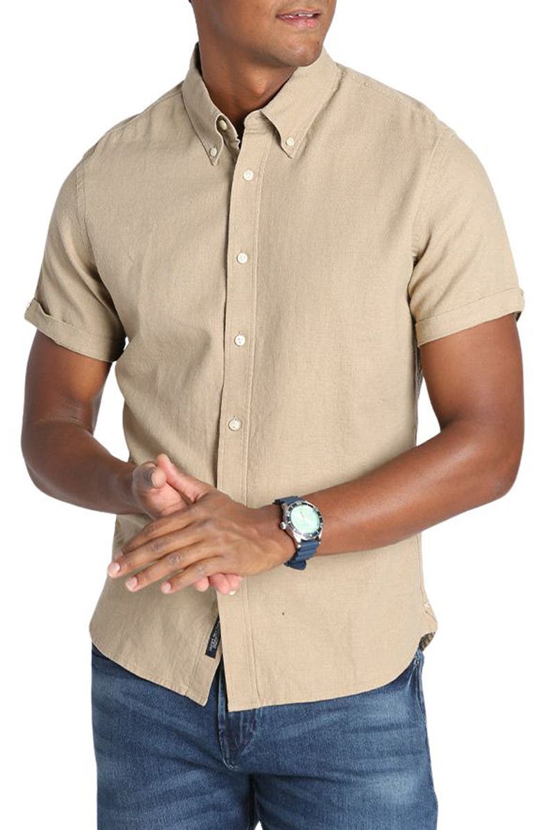 JACHS Noho Short Sleeve Linen Blend Button-Down Shirt, Main, color, Tan
