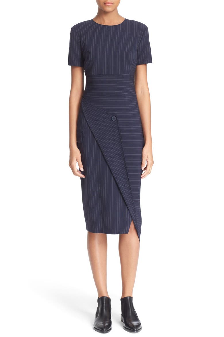 Pinstripe Asymmetrical Dress, Main, color, CLASSIC NAVY