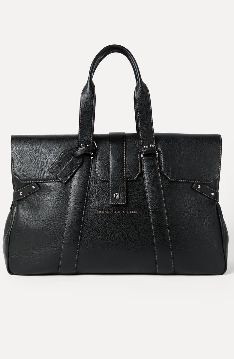 Brunello Cucinelli Grained calfskin Country Weekender bag, Alternate, color, Black