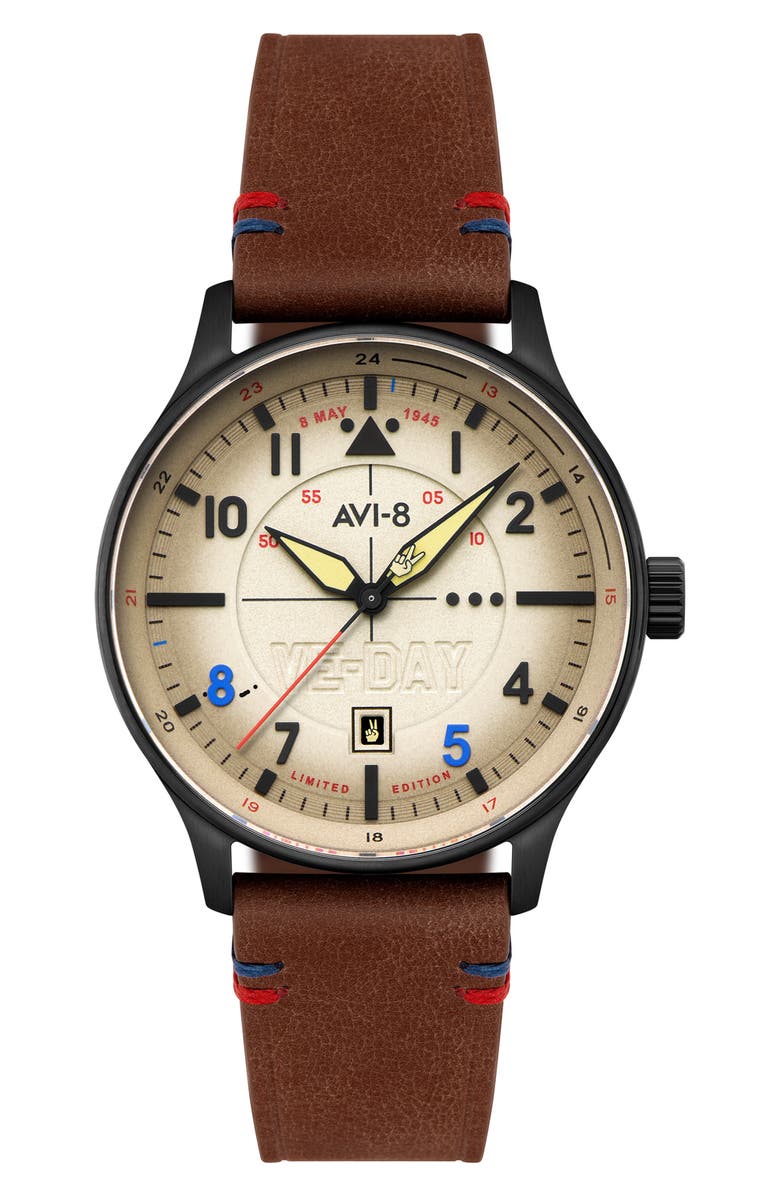 AVI-8 Hawker Hurricane Kent Leather Strap Watch, 43mm, Main, color, Cream
