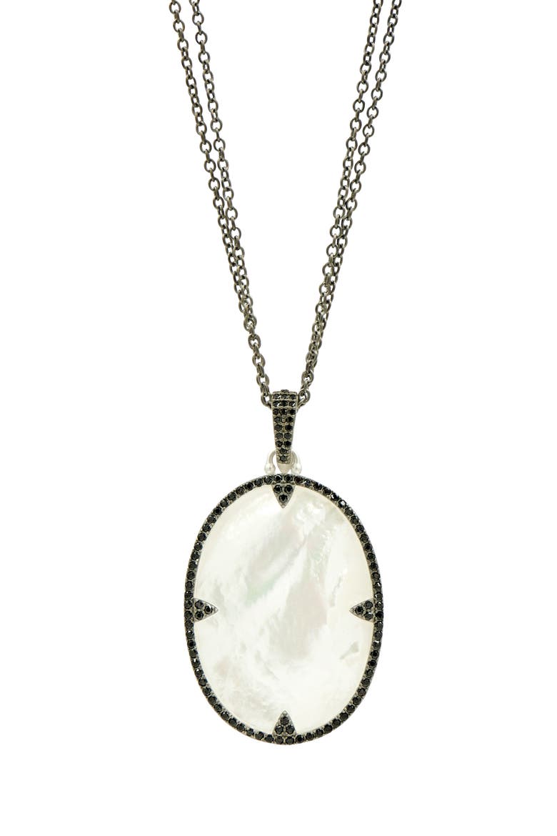 Double Chain Mother-of-Pearl Pendant Necklace, Alternate, color, BLACK AND SILVER