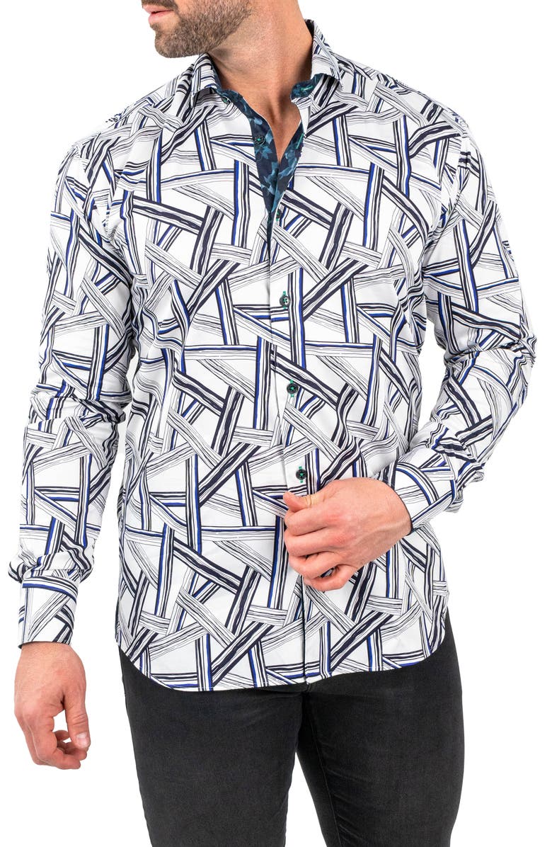 Maceoo Einstein Bamboo Print Cotton Button-Up Shirt, Main, color, Blue