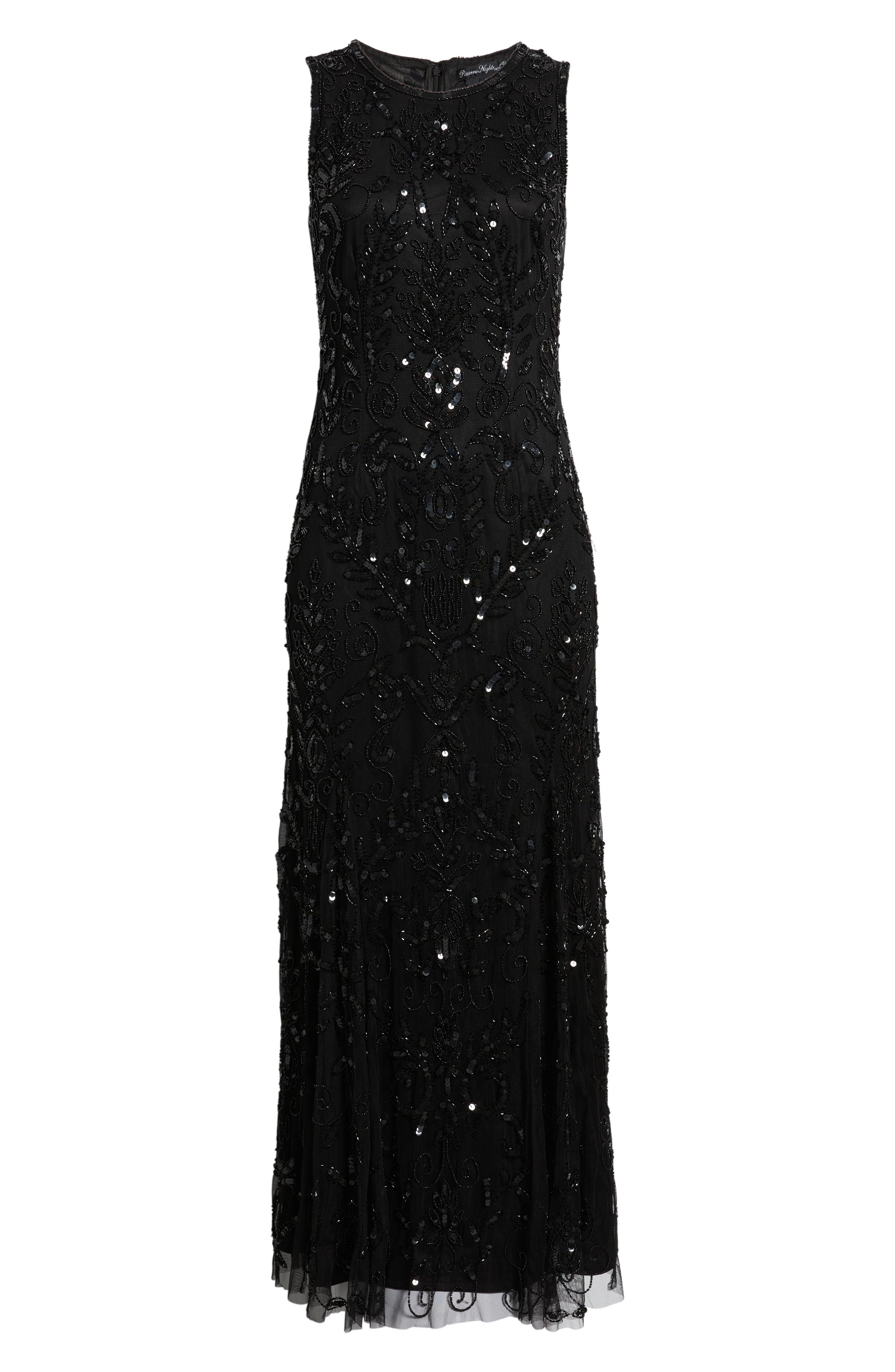 pisarro nights embellished mesh sheath dress Pisarro Nights Beaded Mesh Crew Illusion Neck Sleeveless Sheath Dress