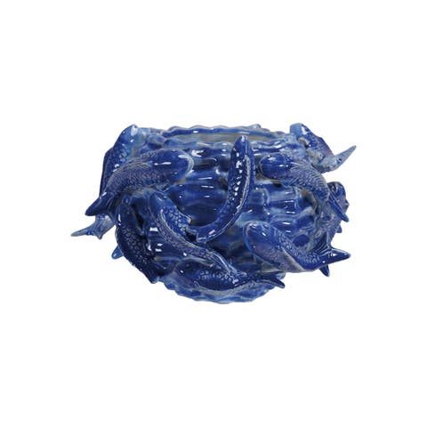 Round Handmade Stoneware Planter with 3D Fish in Reactive Glaze, Blue