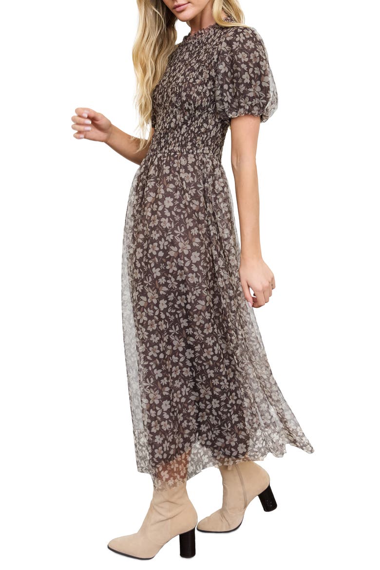 Floral Smocked Maxi Dress, Alternate, color, BROWN