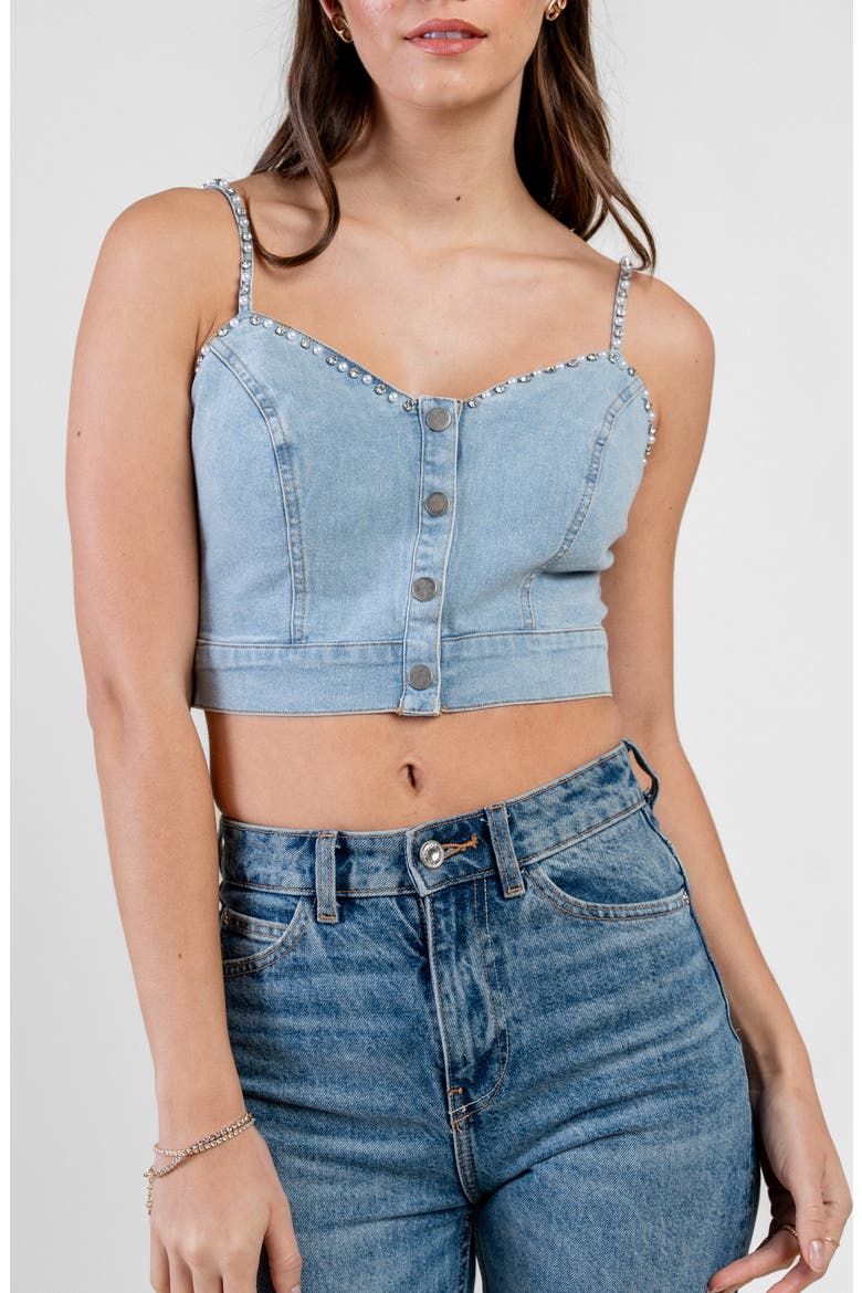 Studded Stretch Denim Crop Top, Alternate, color, LT DENIM