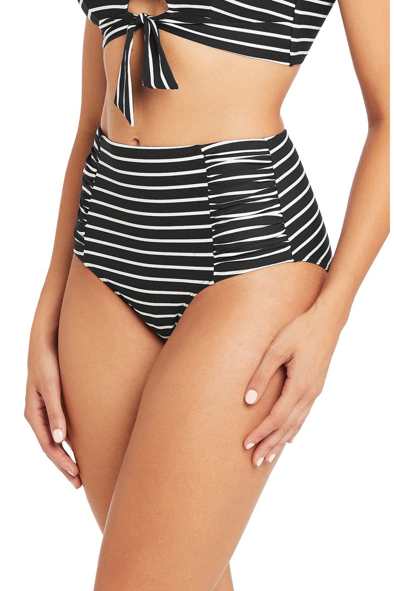 Stripe High Waist Gathered Side Bikini Bottoms, Alternate, color, BLACK