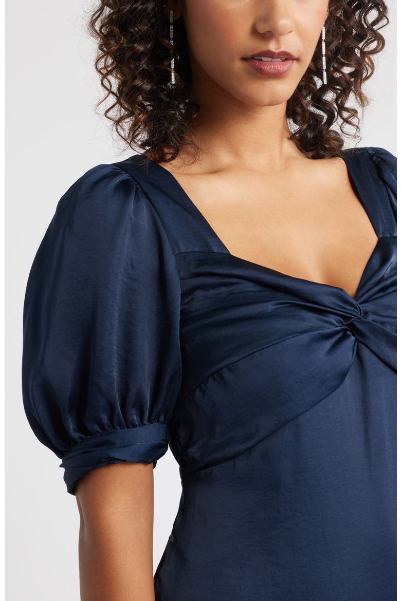 Twist Front Puff Sleeve Satin Midi Dress, Alternate, color, NAVY STILL