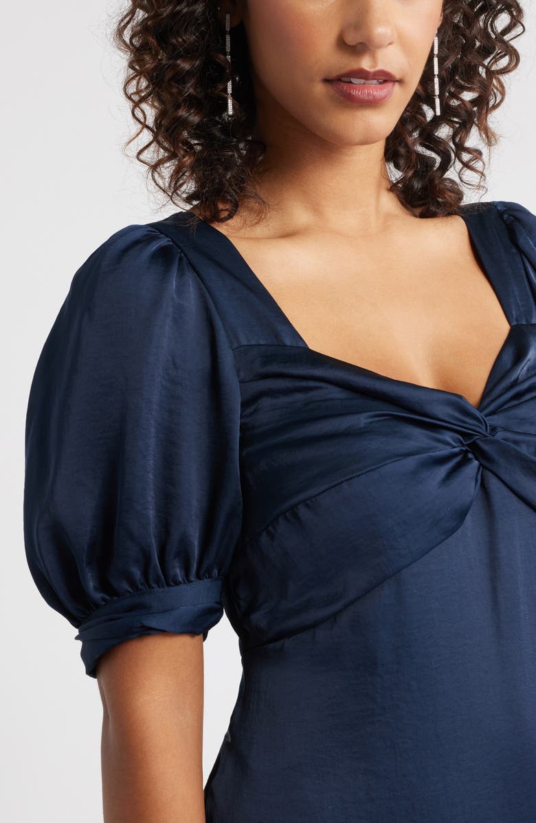 Chelsea28 Twist Front Puff Sleeve Satin Midi Dress, Alternate, color, Navy Still