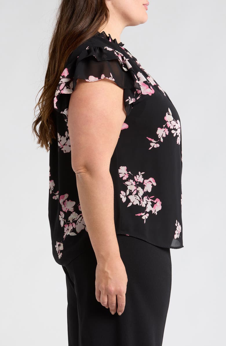 Anne Klein Floral Ruffle Sleeve Tie Neck Top, Alternate, color, 