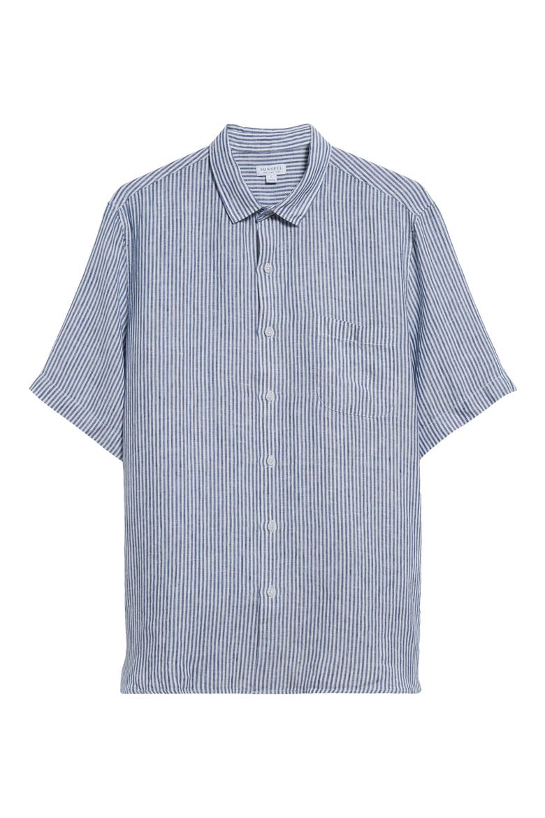 Stripe Short Sleeve Linen Button-Up Shirt, Alternate, color, NAVY/ WHITE LINEN STRIPE