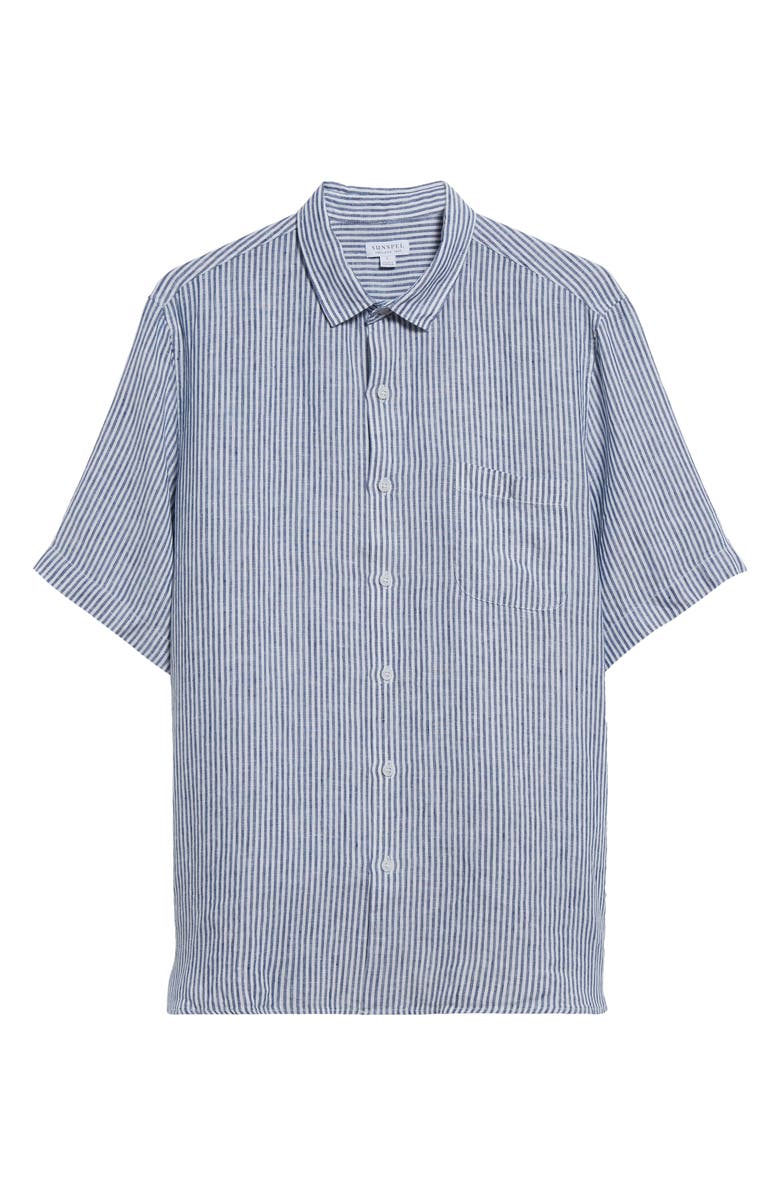 Sunspel Stripe Short Sleeve Linen Button-Up Shirt, Alternate, color, 