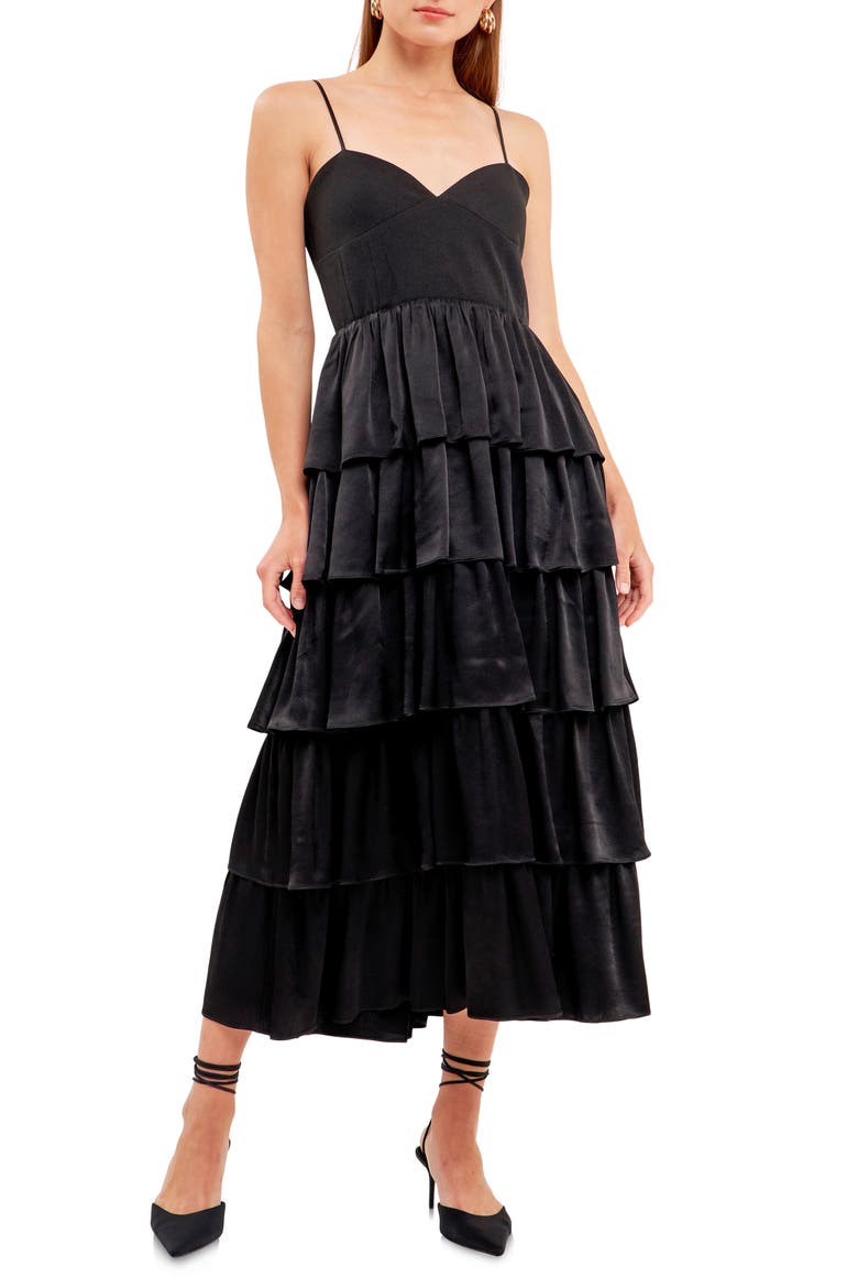 Tiered Sweetheart Neck Midi Dress, Main, color, BLACK
