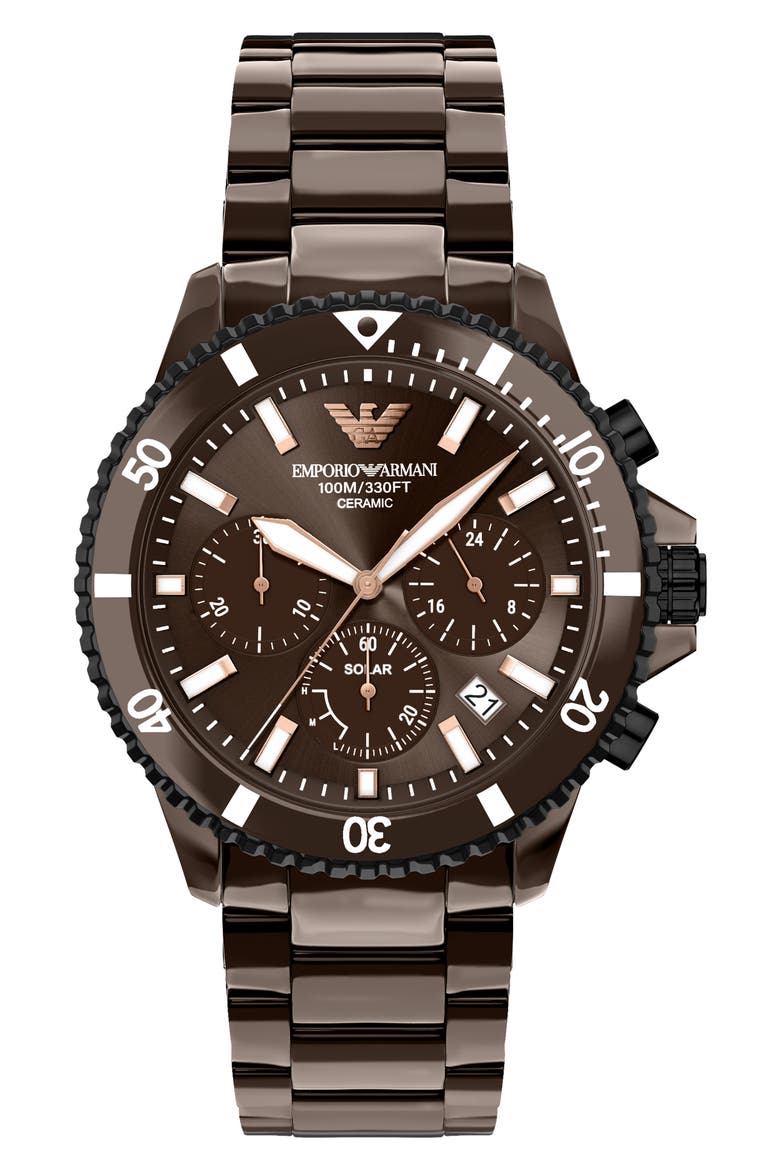 World Explorer Solar Chronograph Ceramic Watch, Main, color, BROWN