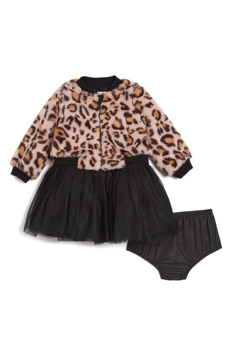Pippa & Julie Maya Faux Fur Bomber Jacket, Party Dress & Bloomers Set, Main, color, Pink/ Black