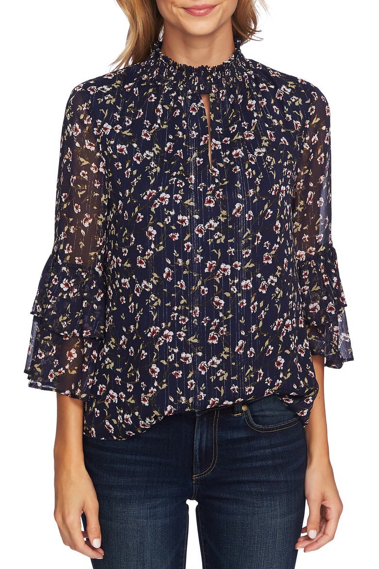 Ruffle Sleeve Metallic Accent Blouse, Main, color, MIDNIGHT BLOOM
