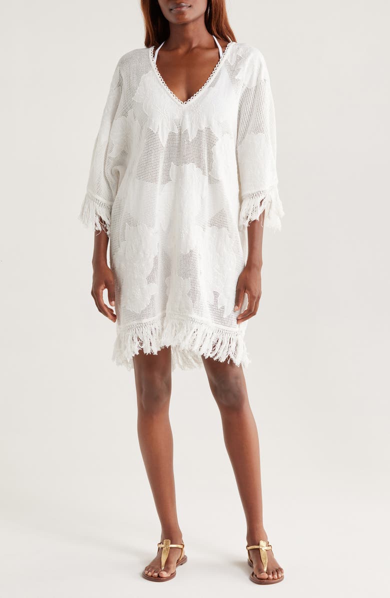 FARM Rio Floral Appliqué Sheer Cotton Blend Cover-Up Sundress, Main, color,