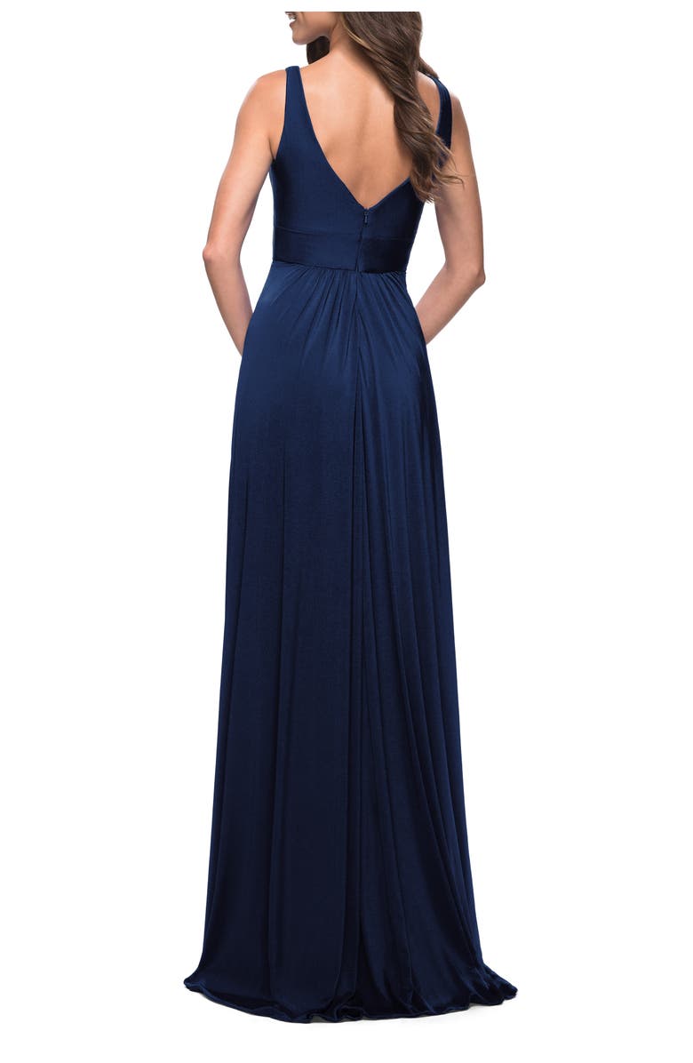 La Femme Empire Waist Gown with Deep V Neckline, Alternate, color, Navy