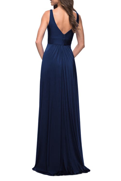 La Femme Empire Waist Gown With Deep V Neckline In Navy