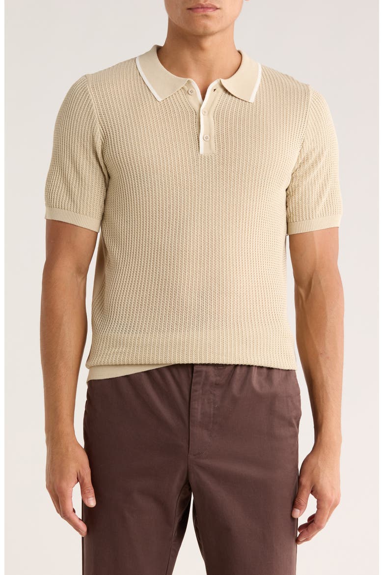 Tipped Open Knit Short Sleeve Polo Sweater, Main, color, TAN MELANGE