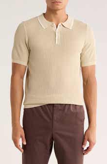 T.R. PREMIUM Tipped Open Knit Short Sleeve Polo Sweater