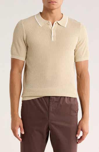 Tipped Open Knit Short Sleeve Polo Sweater