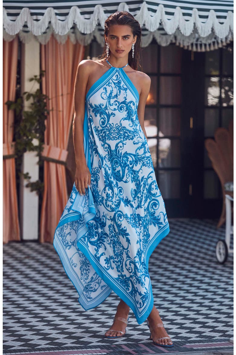 Elise Halter Neck Handkerchief Midi Dress, Alternate, color, BLUE/WHITE
