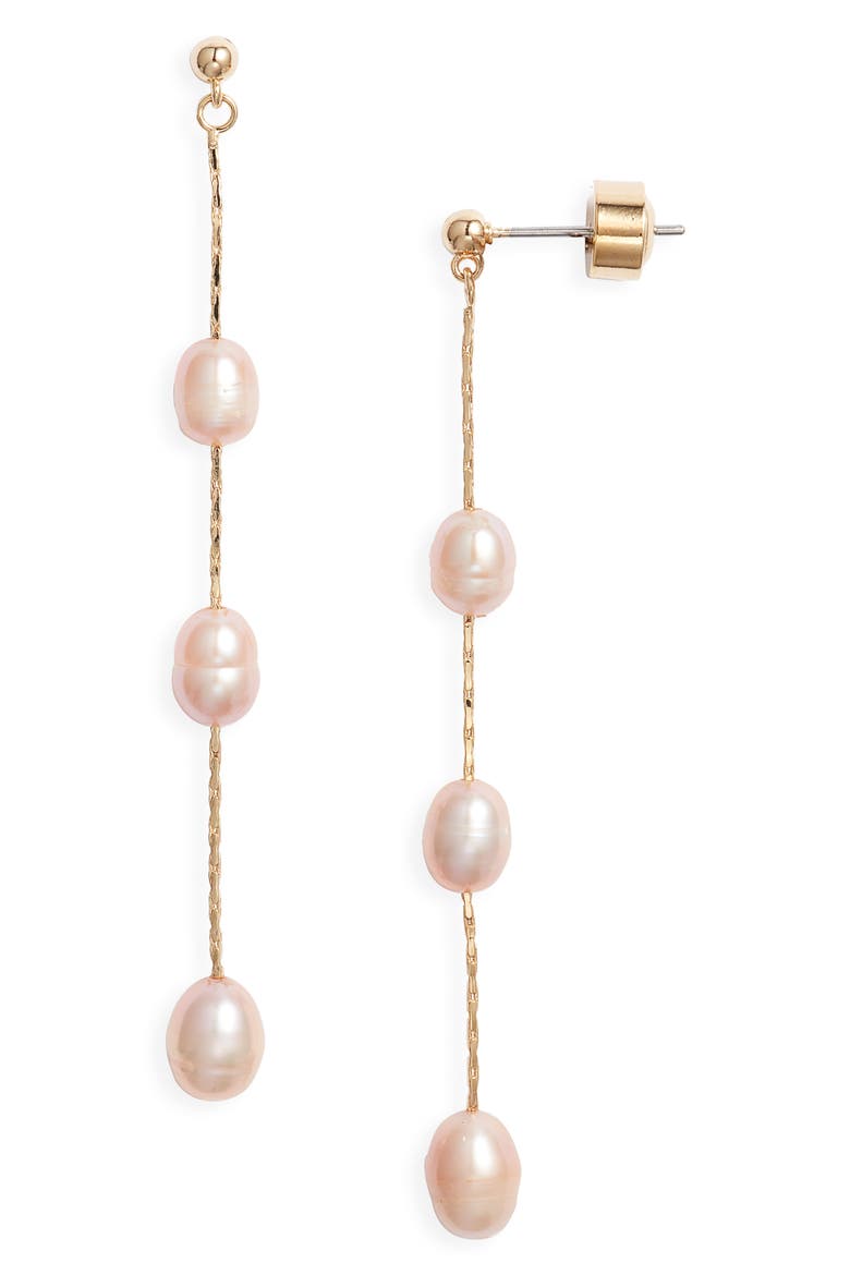 Demi Fine Freshwater Pearl Linear Drop Earrings, Main, color, BLUSH- 14K GOLD PLATED