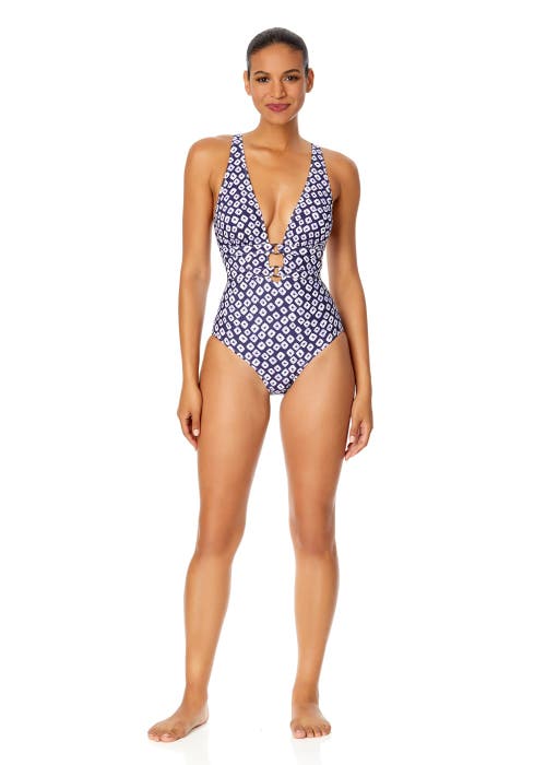 Shop Anne Cole Tie Dye Ikat Double Ring Plunge Front One Piece Swimsuit In Shibori Geo Blue