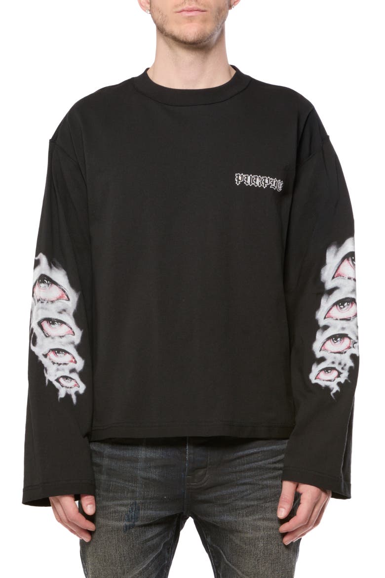 Graphic Cropped Long Sleeve T-Shirt, Main, color, BLACK
