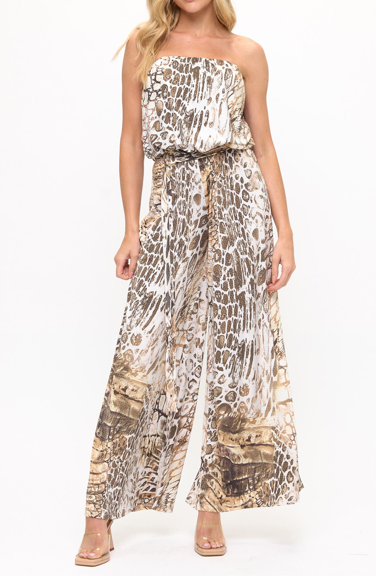 O.L. Printed Strapless Wide Leg Jumpsuit