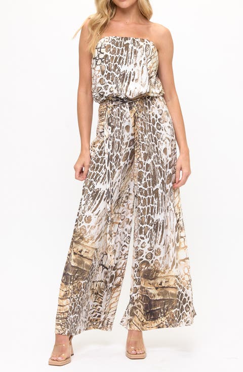 Printed Strapless Wide Leg Jumpsuit